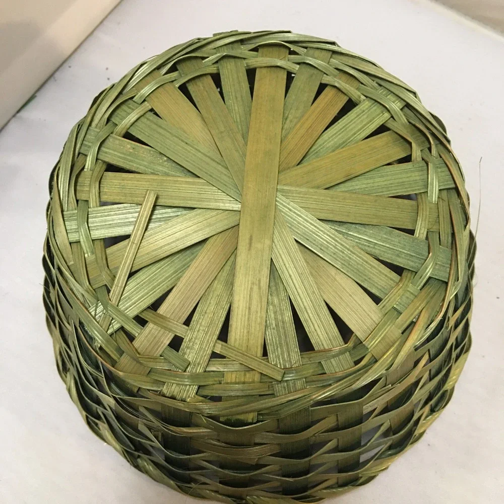 Woven Basket Small Green Natural Bamboo Straw Round Storage Decor Cottagecore